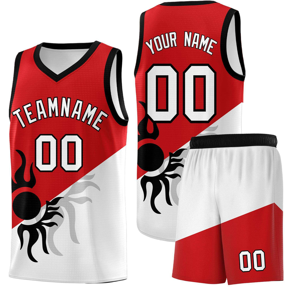 Custom Youth Basketball Jerseys - Red White Sunburst Design Two Tone Uniforms