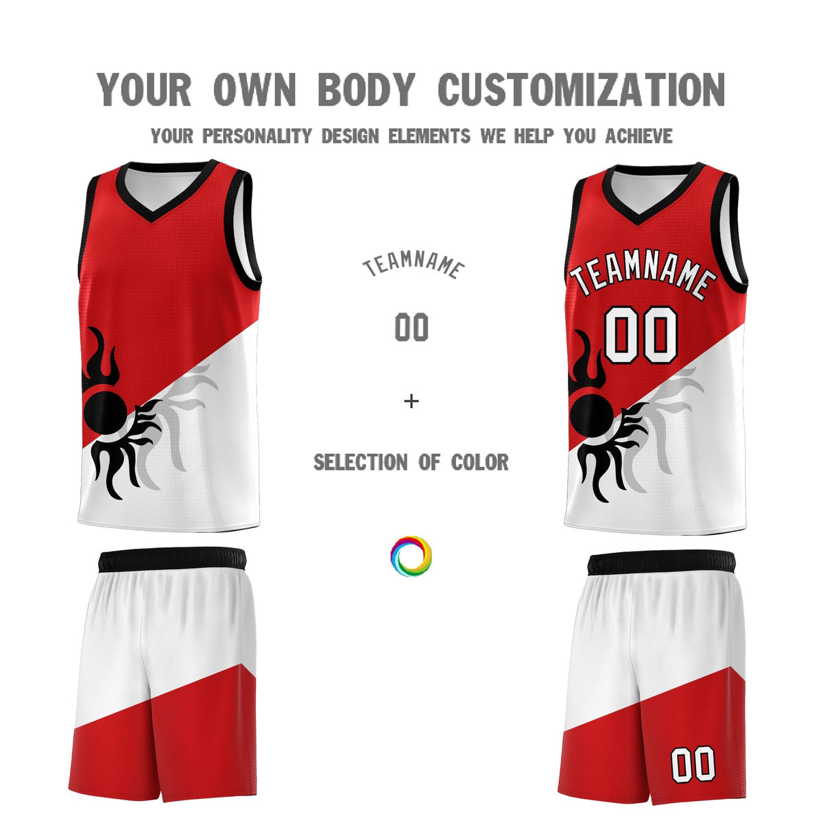 Custom Youth Basketball Jerseys - Red White Sunburst Design Two Tone Uniforms