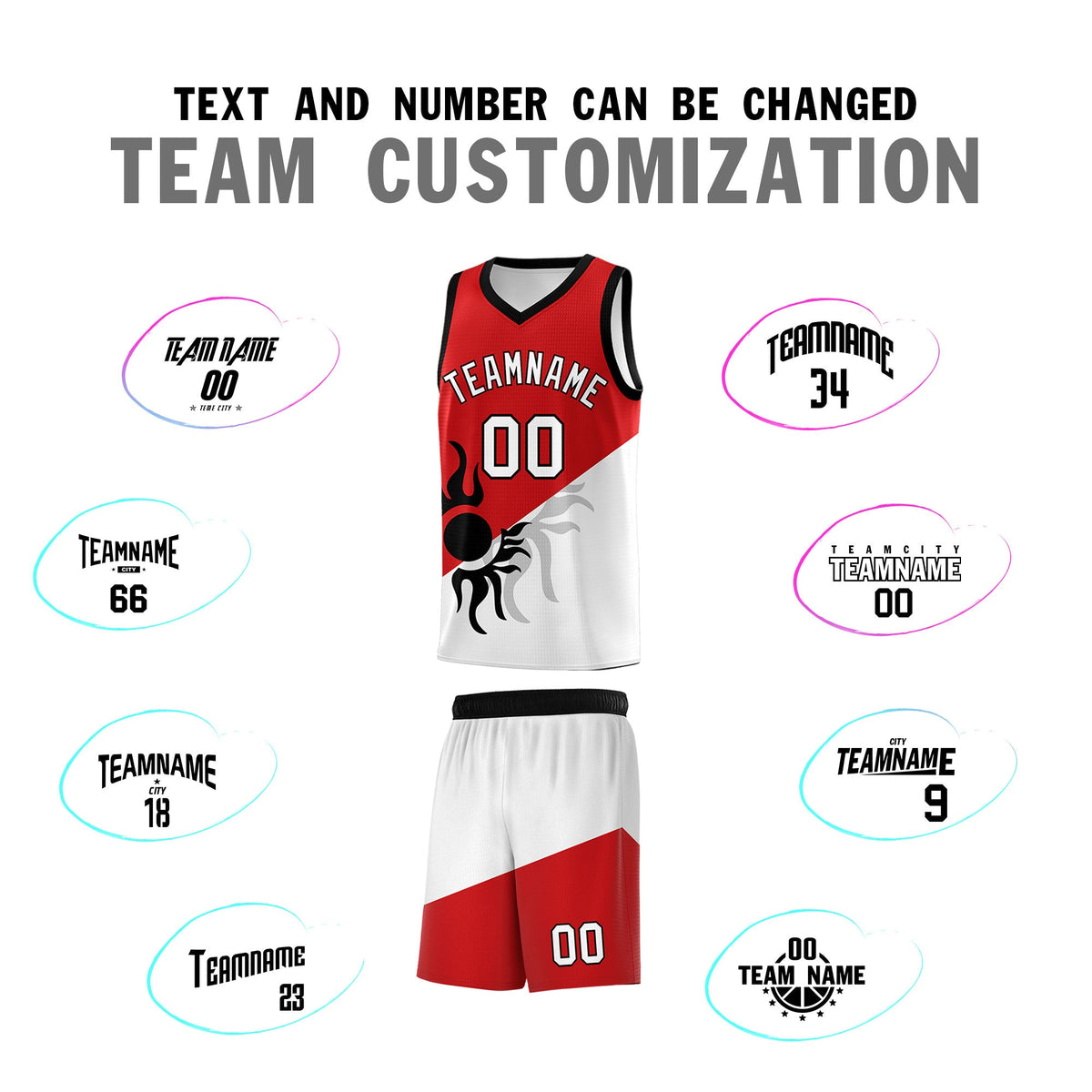Custom Youth Basketball Jerseys - Red White Sunburst Design Two Tone Uniforms