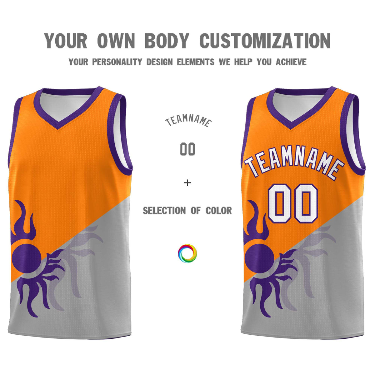 Custom Youth Basketball Jerseys - Orange Gray Sunburst Design Two Tone Uniforms
