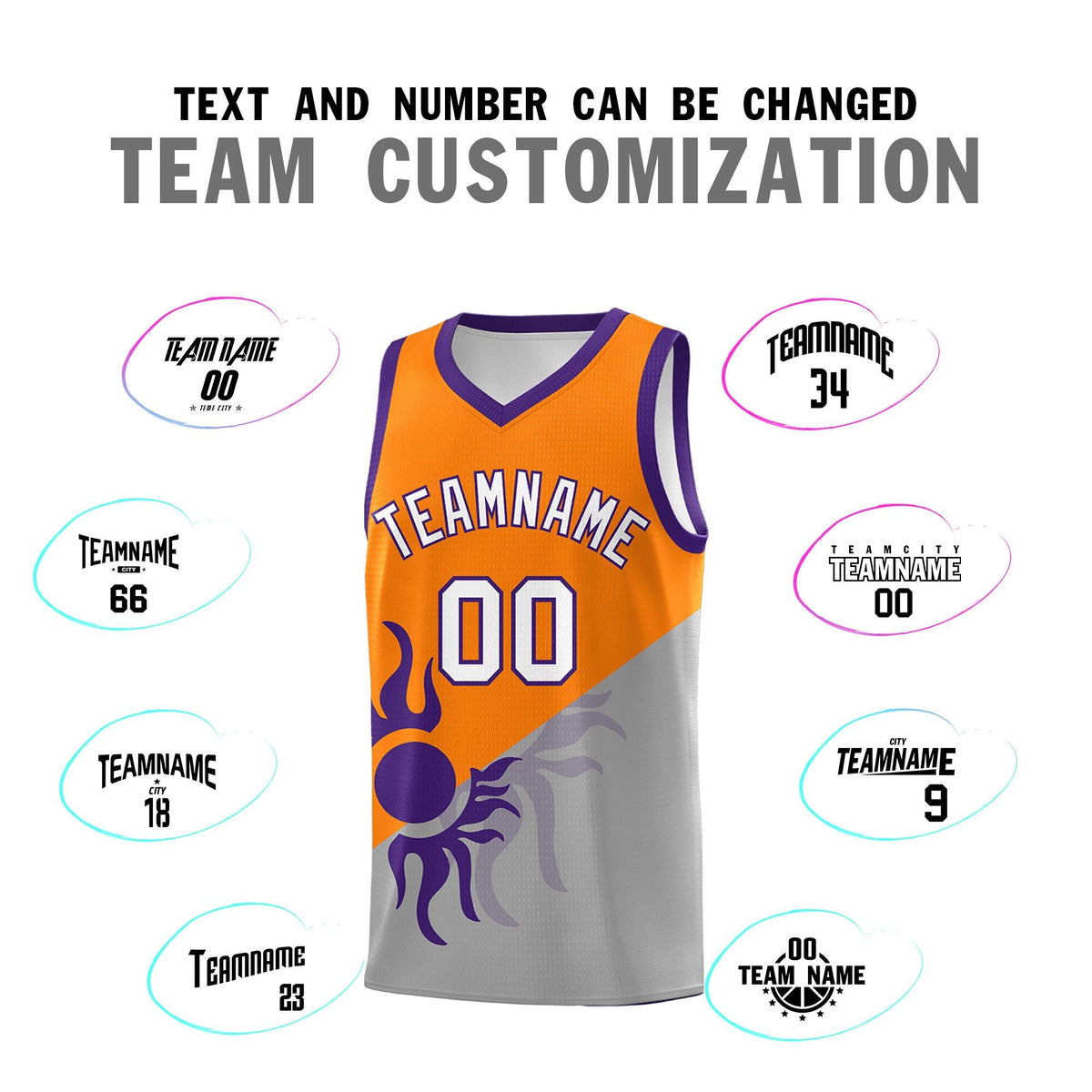 Custom Youth Basketball Jerseys - Orange Gray Sunburst Design Two Tone Uniforms
