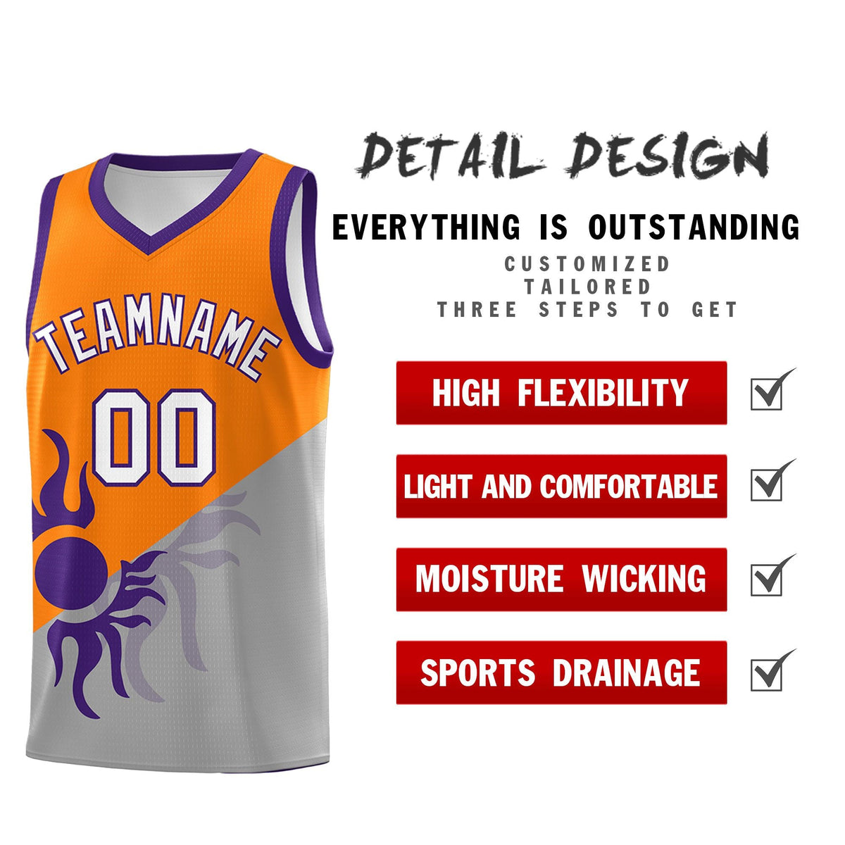 Custom Youth Basketball Jerseys - Orange Gray Sunburst Design Two Tone Uniforms
