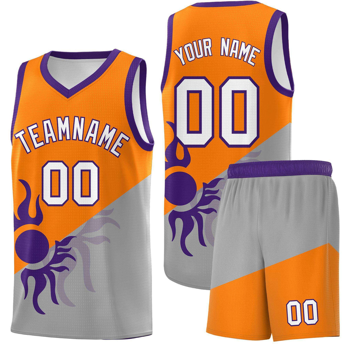Custom Youth Basketball Jerseys - Orange Gray Sunburst Design Two Tone Uniforms