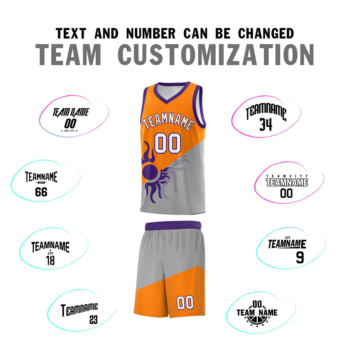 Custom Youth Basketball Jerseys - Orange Gray Sunburst Design Two Tone Uniforms