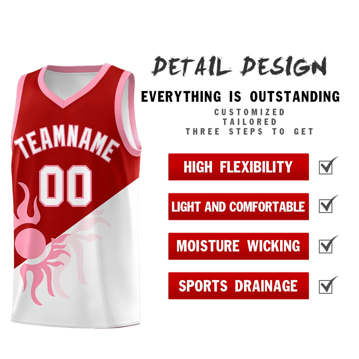 Custom Youth Basketball Jerseys - Red White Sunburst Design Two Tone Uniforms