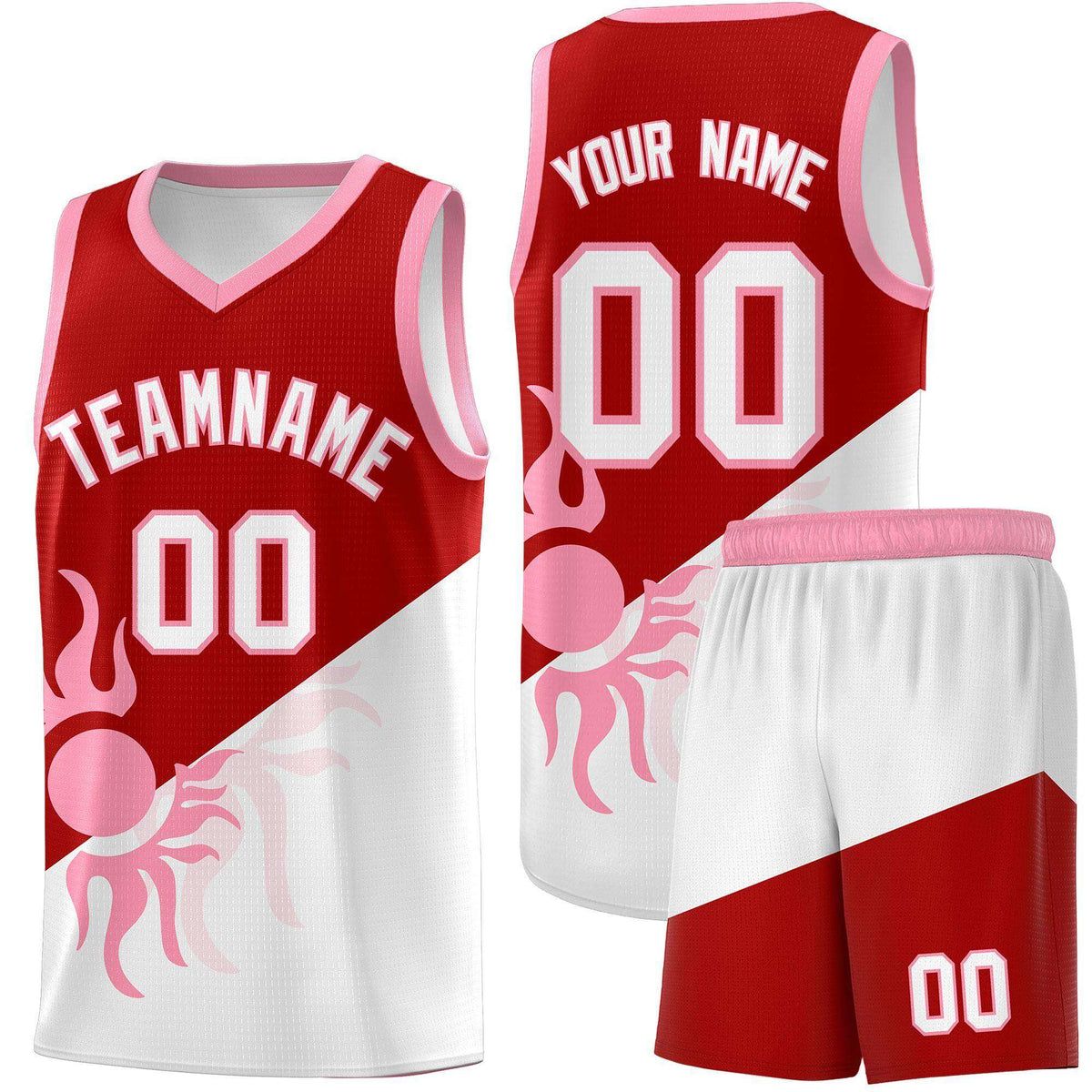 Custom Youth Basketball Jerseys - Red White Sunburst Design Two Tone Uniforms