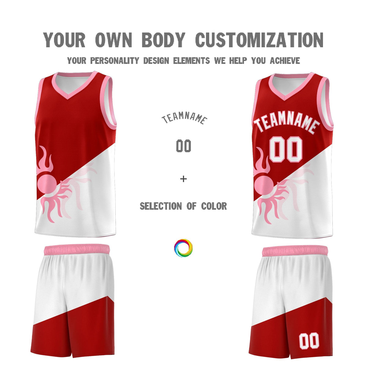 Custom Youth Basketball Jerseys - Red White Sunburst Design Two Tone Uniforms