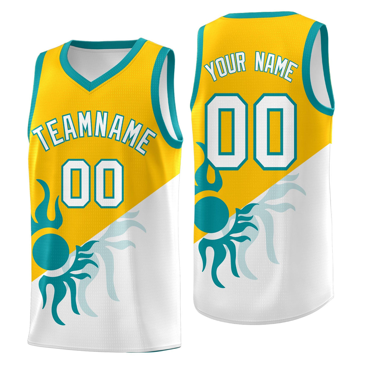 Custom Youth Basketball Jerseys - Yellow White Sunburst Design Two Tone Uniforms
