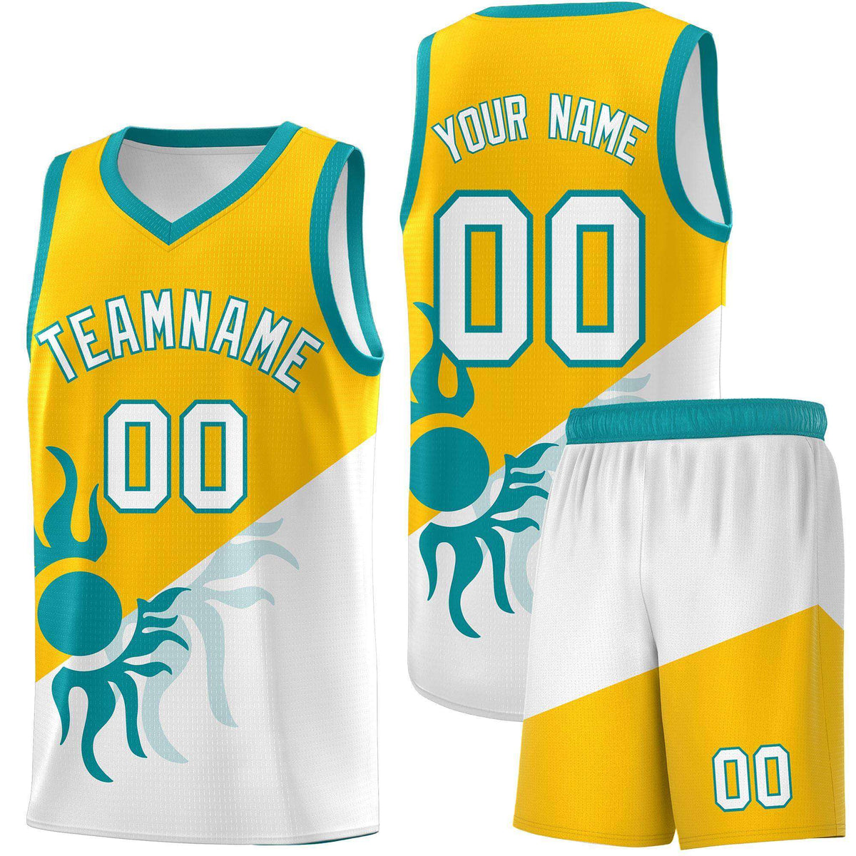 Custom Youth Basketball Jerseys - Yellow White Sunburst Design Two Tone Uniforms