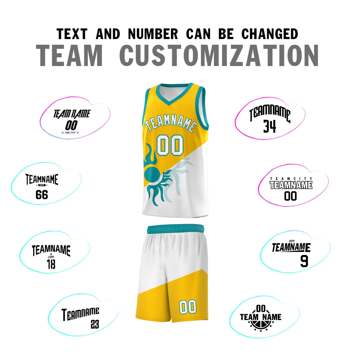 Custom Youth Basketball Jerseys - Yellow White Sunburst Design Two Tone Uniforms