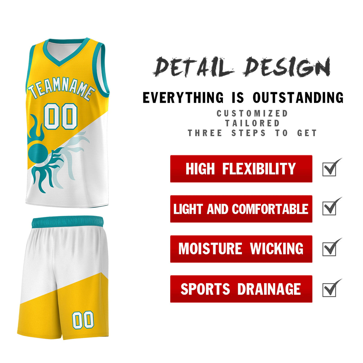 Custom Youth Basketball Jerseys - Yellow White Sunburst Design Two Tone Uniforms