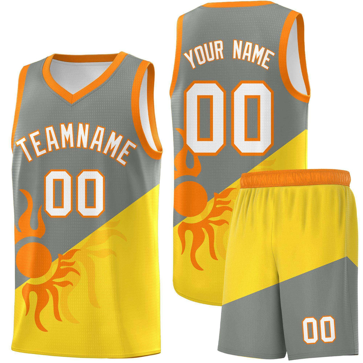 Custom Youth Basketball Jerseys - Gray Gold Radiant Sun Design Two Tone Uniforms