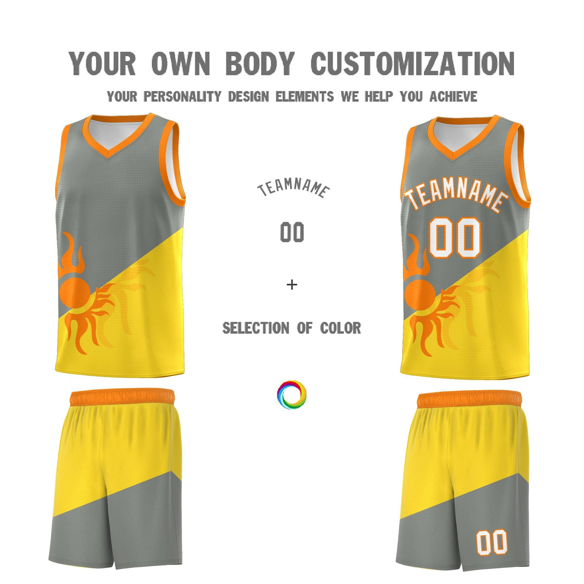Custom Youth Basketball Jerseys - Gray Gold Radiant Sun Design Two Tone Uniforms