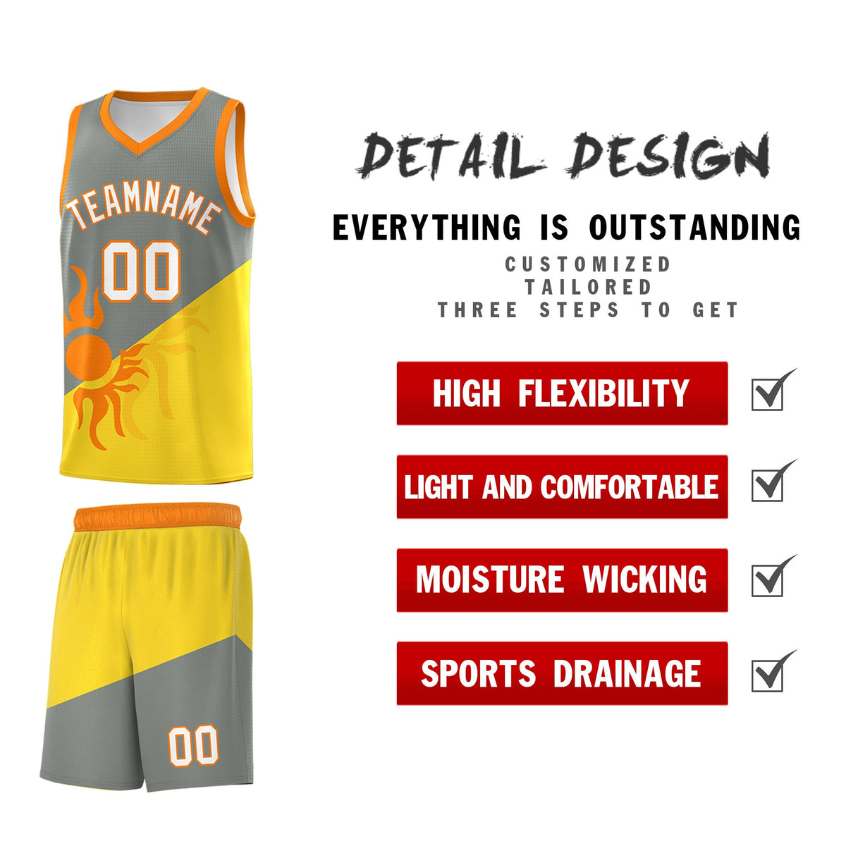 Custom Youth Basketball Jerseys - Gray Gold Radiant Sun Design Two Tone Uniforms