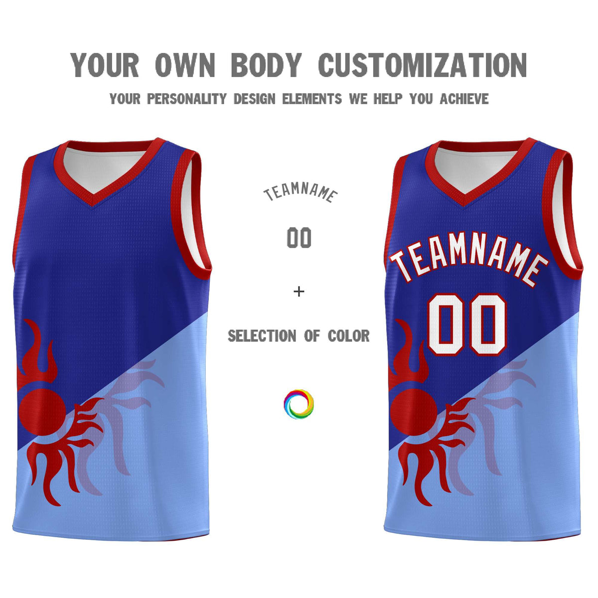 Custom Youth Basketball Jerseys - Royal Light Blue Sunburst Design Two Tone Uniforms
