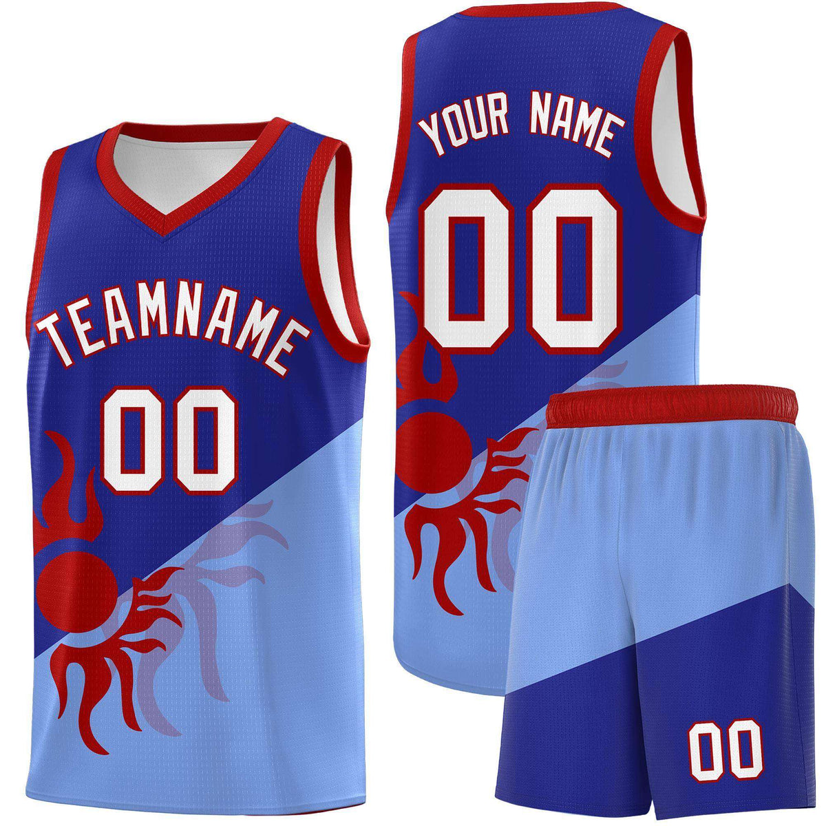 Custom Youth Basketball Jerseys - Royal Light Blue Sunburst Design Two Tone Uniforms