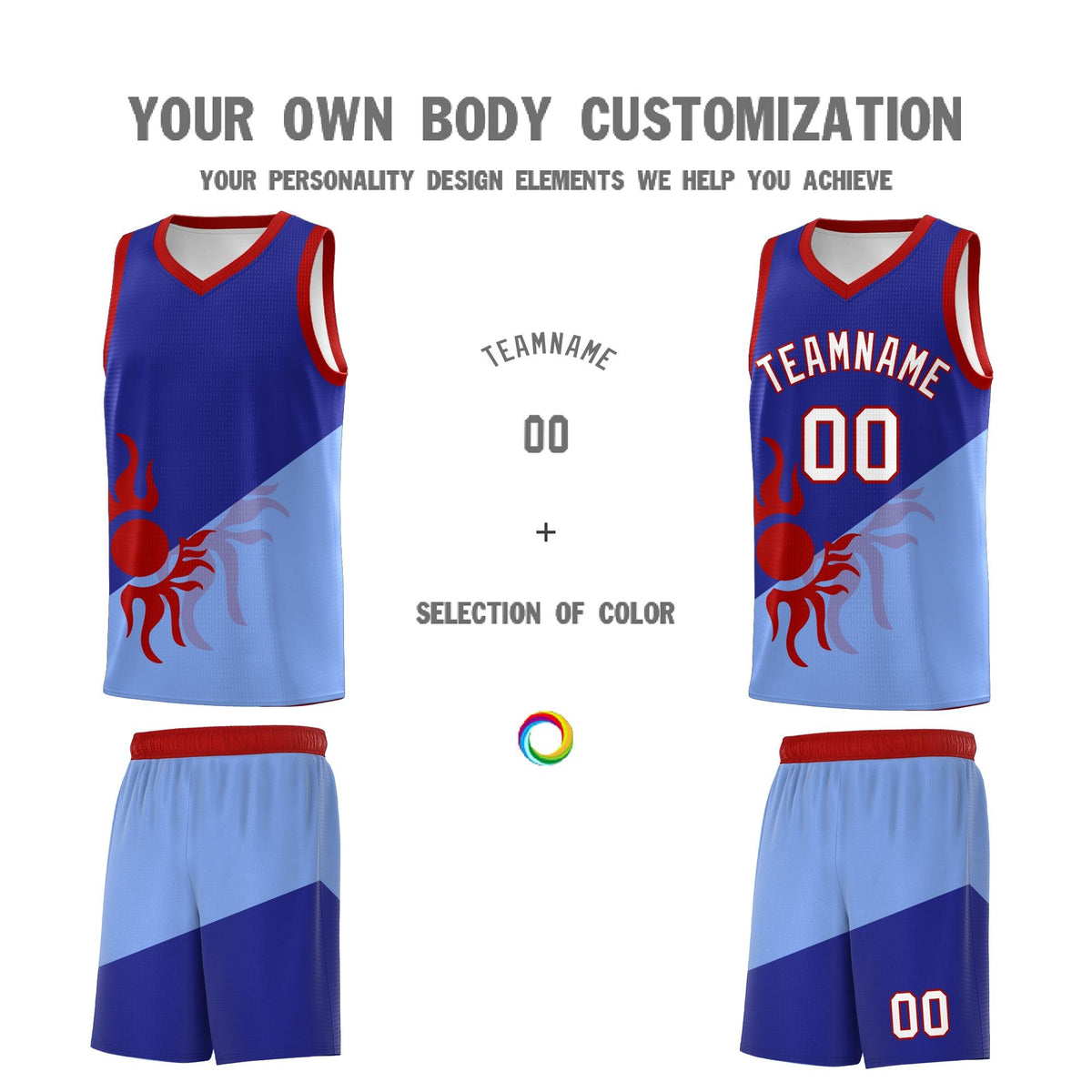 Custom Youth Basketball Jerseys - Royal Light Blue Sunburst Design Two Tone Uniforms