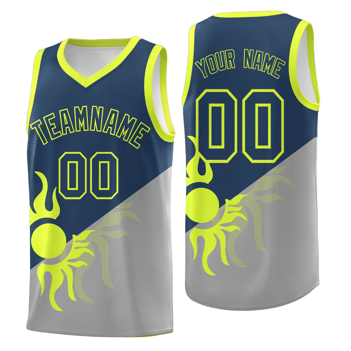 Custom Youth Basketball Jerseys - Gray Midnight Blue Radiant Sun Design Two Tone Uniforms