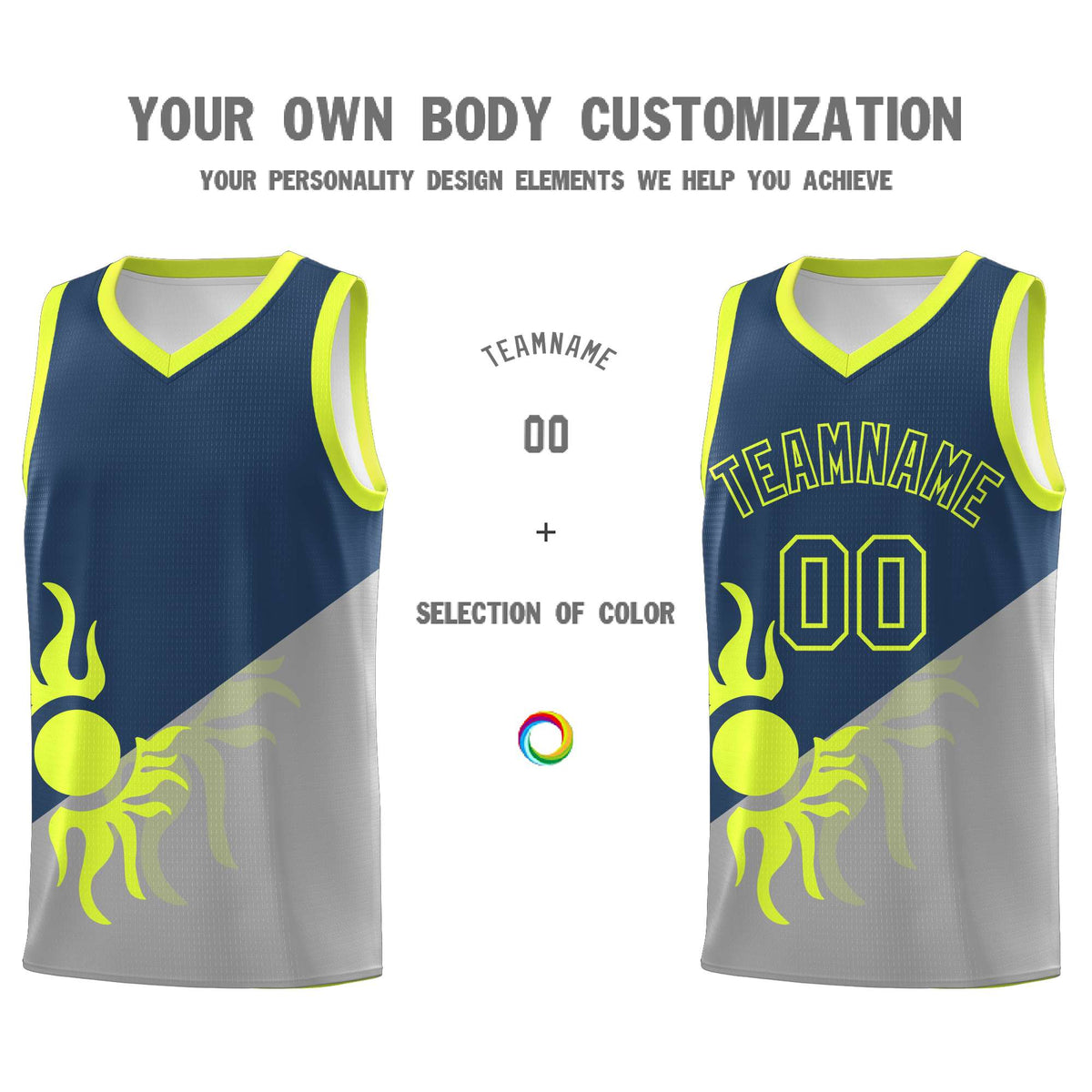 Custom Youth Basketball Jerseys - Gray Midnight Blue Radiant Sun Design Two Tone Uniforms