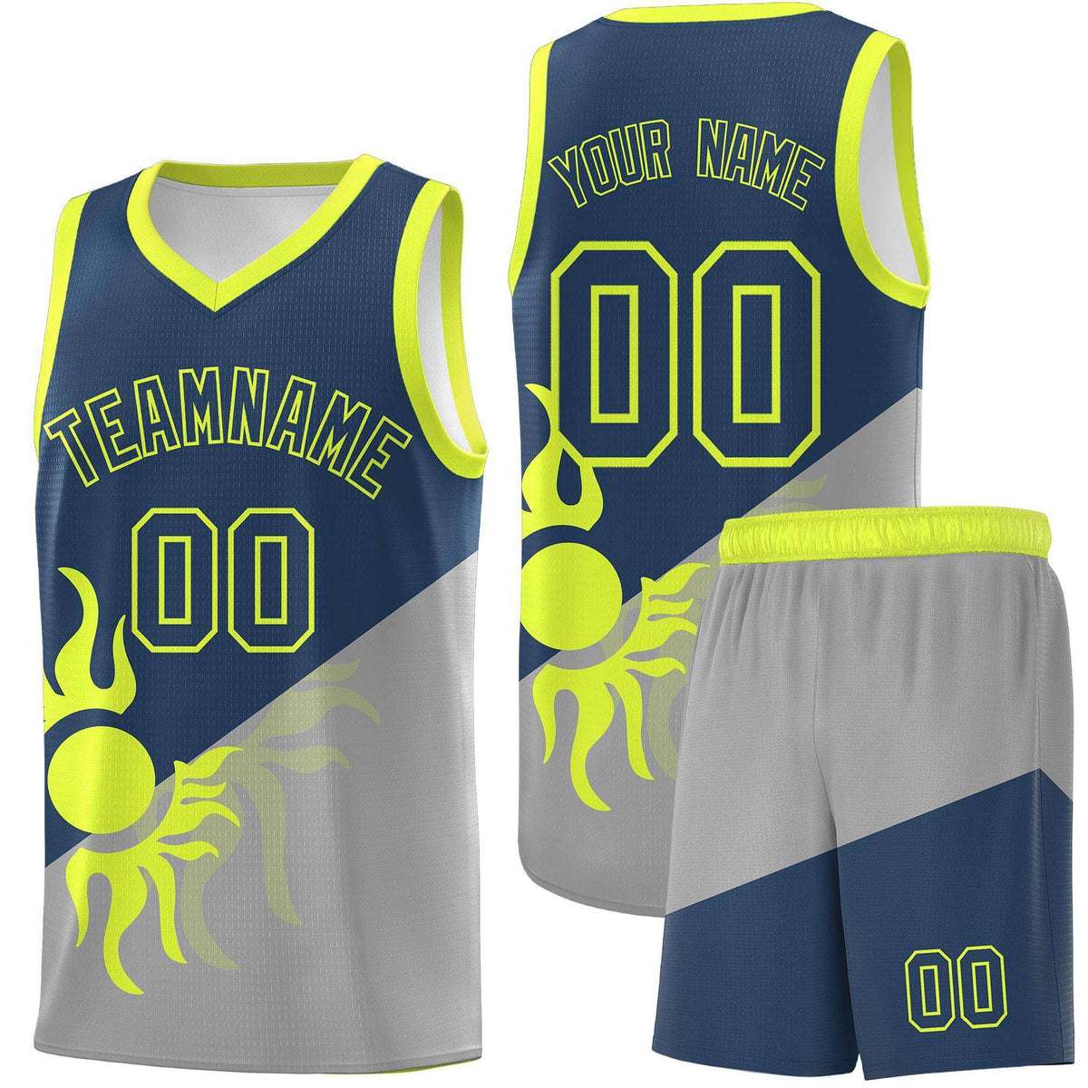 Custom Youth Basketball Jerseys - Gray Midnight Blue Radiant Sun Design Two Tone Uniforms