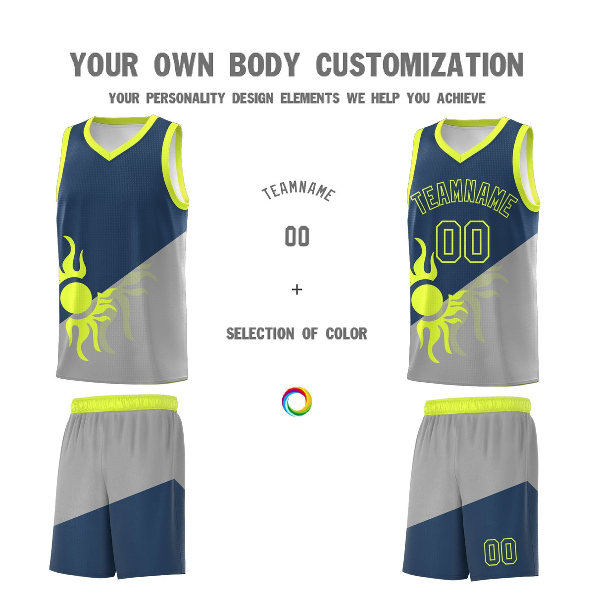 Custom Youth Basketball Jerseys - Gray Midnight Blue Radiant Sun Design Two Tone Uniforms
