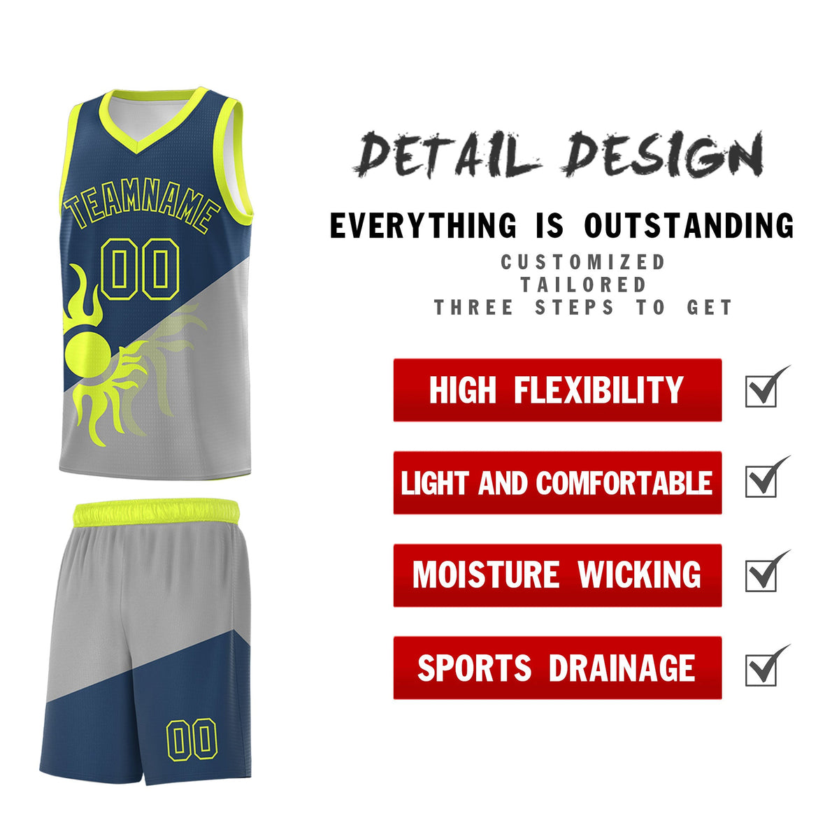 Custom Youth Basketball Jerseys - Gray Midnight Blue Radiant Sun Design Two Tone Uniforms
