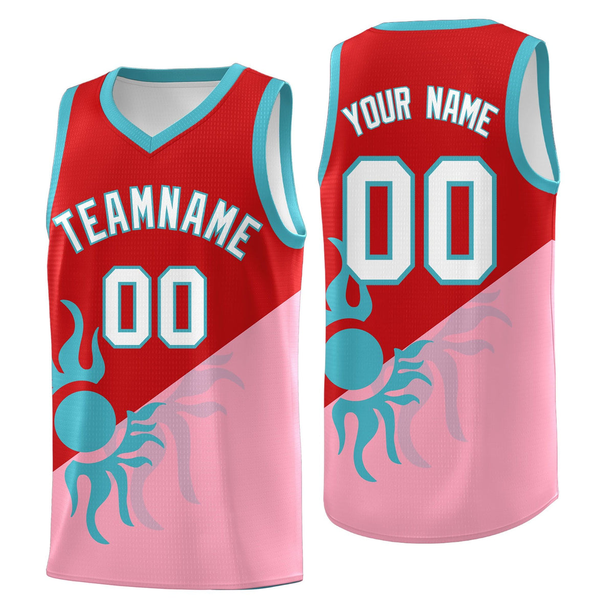 Custom Youth Basketball Jerseys - Red Light Pink Sunburst Design Two Tone Uniforms