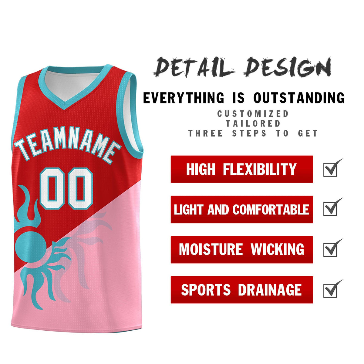 Custom Youth Basketball Jerseys - Red Light Pink Sunburst Design Two Tone Uniforms