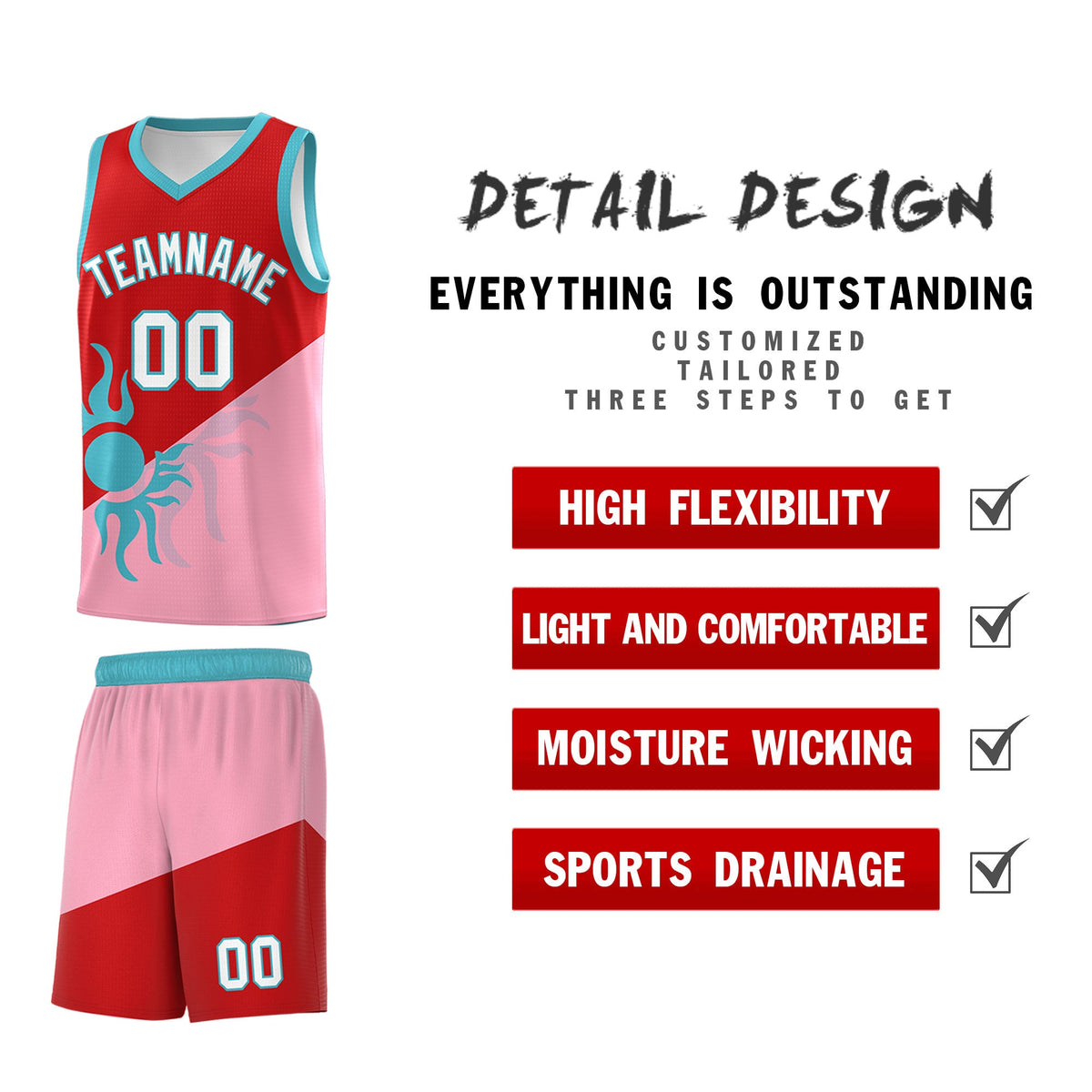 Custom Youth Basketball Jerseys - Red Light Pink Sunburst Design Two Tone Uniforms