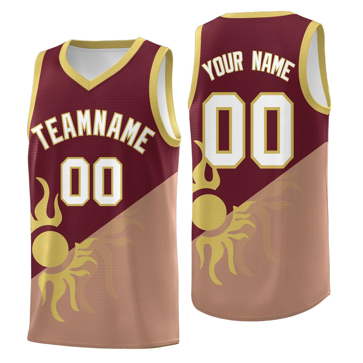 Custom Youth Basketball Jerseys - Maroon Coffee Radiant Sun Design Two Tone Uniforms