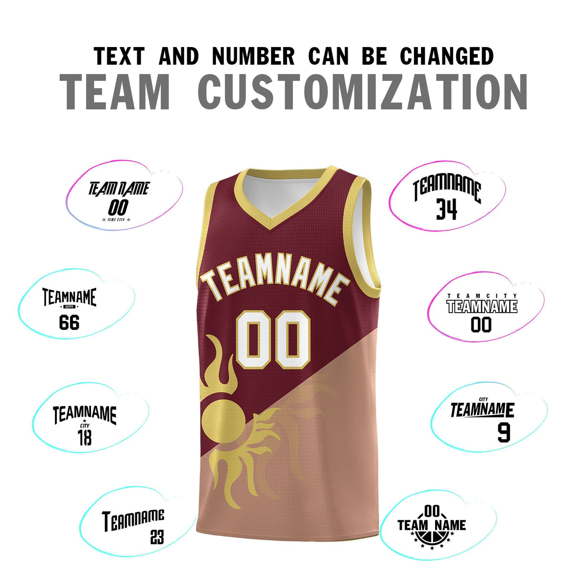 Custom Youth Basketball Jerseys - Maroon Coffee Radiant Sun Design Two Tone Uniforms