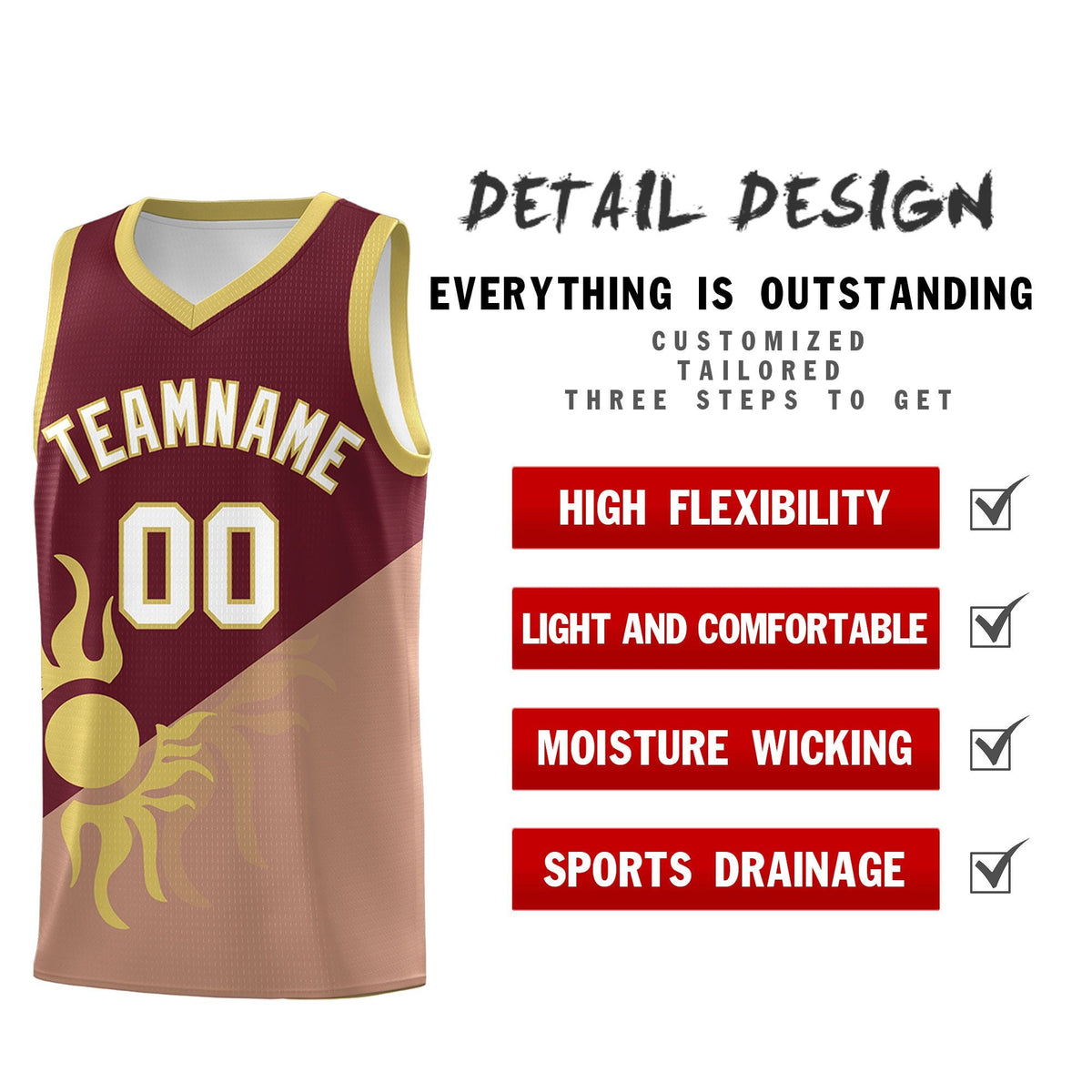 Custom Youth Basketball Jerseys - Maroon Coffee Radiant Sun Design Two Tone Uniforms
