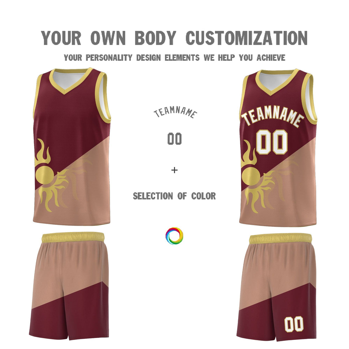 Custom Youth Basketball Jerseys - Maroon Coffee Radiant Sun Design Two Tone Uniforms