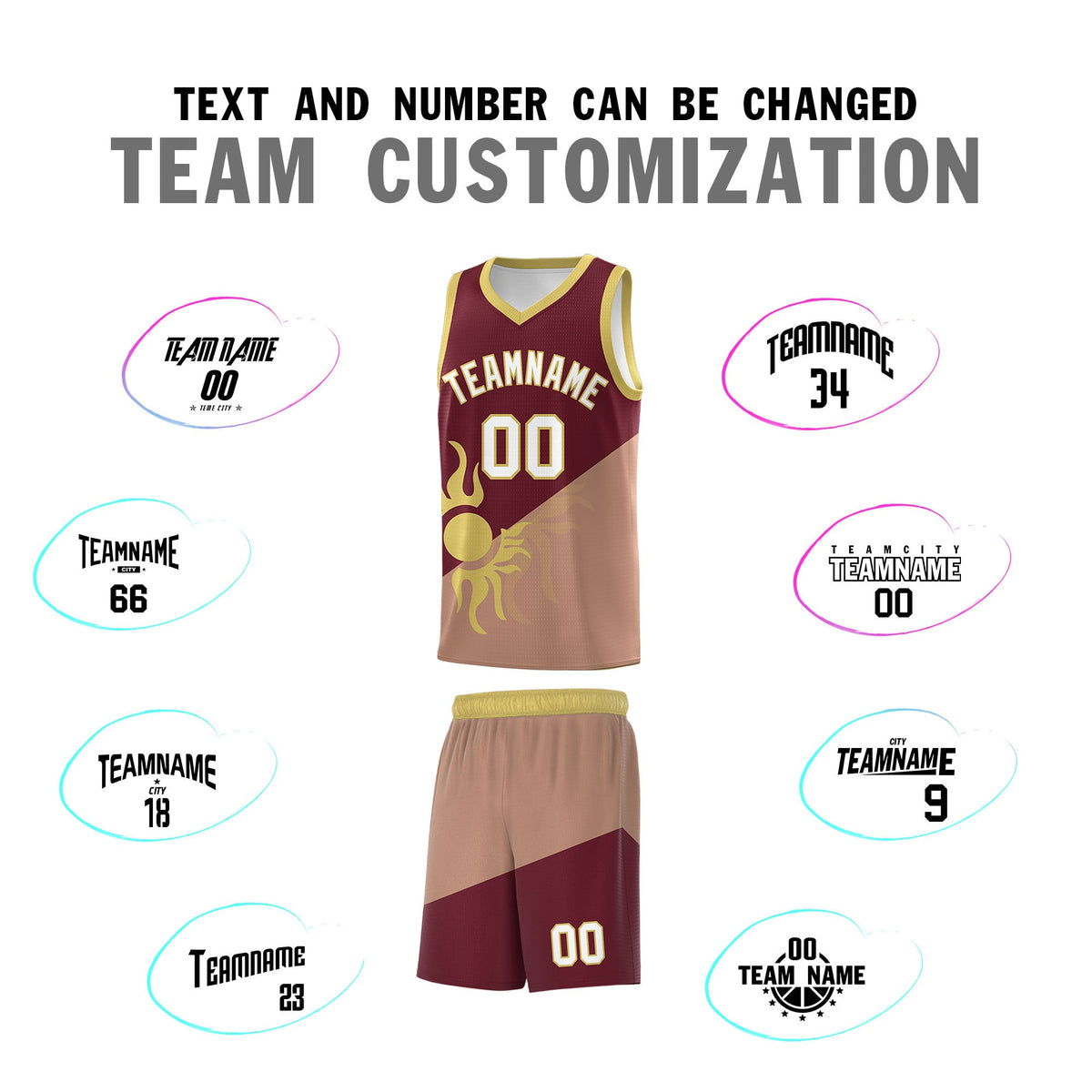 Custom Youth Basketball Jerseys - Maroon Coffee Radiant Sun Design Two Tone Uniforms