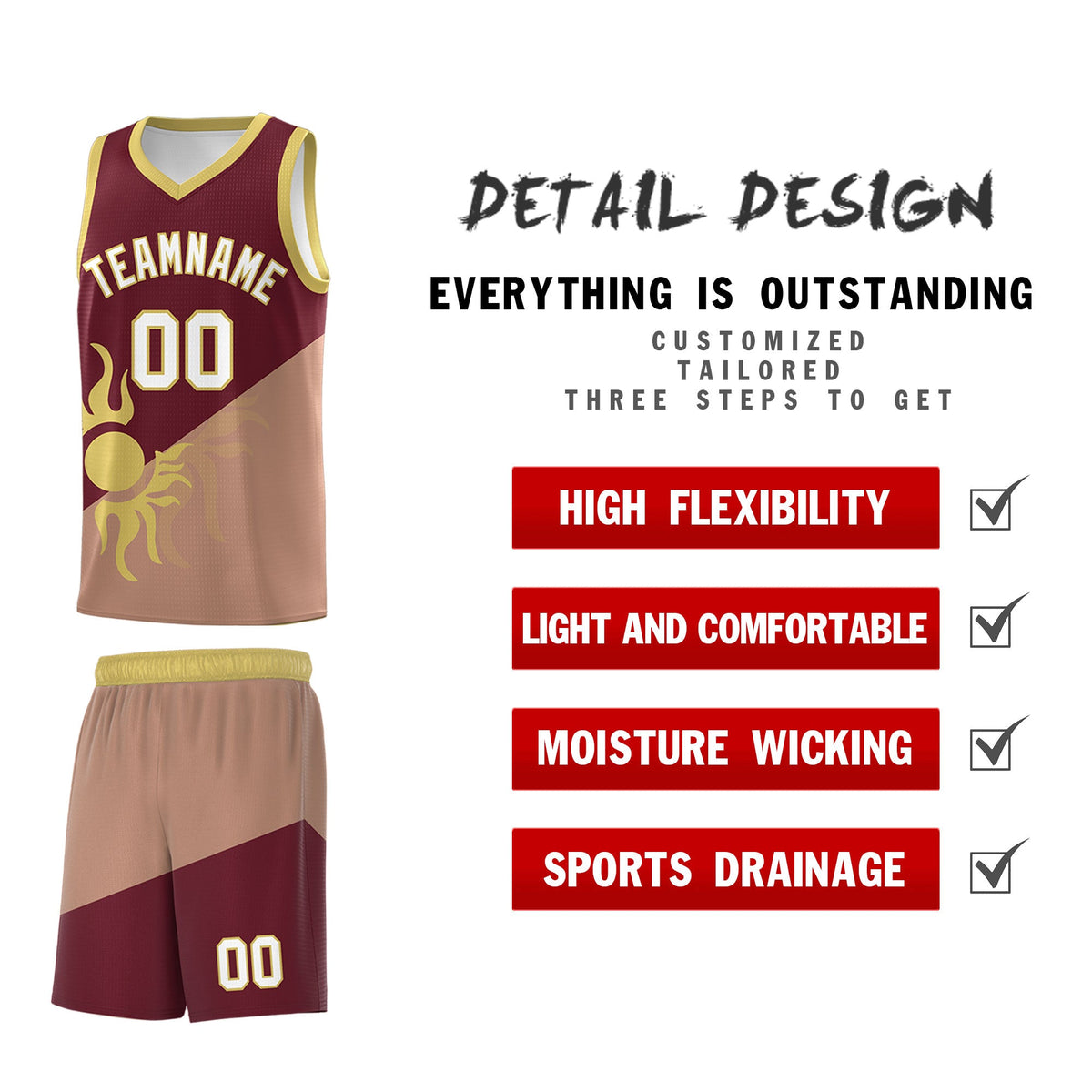 Custom Youth Basketball Jerseys - Maroon Coffee Radiant Sun Design Two Tone Uniforms