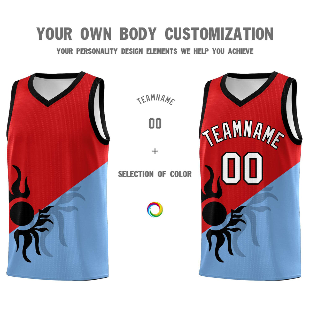 Custom Youth Basketball Jerseys - Red Powder Blue Radiant Sun Design Two Tone Uniforms