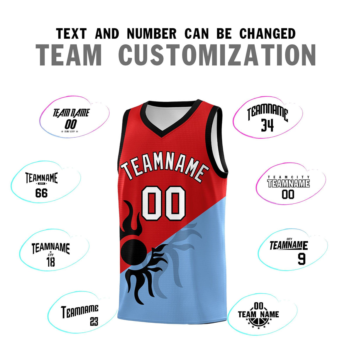Custom Youth Basketball Jerseys - Red Powder Blue Radiant Sun Design Two Tone Uniforms