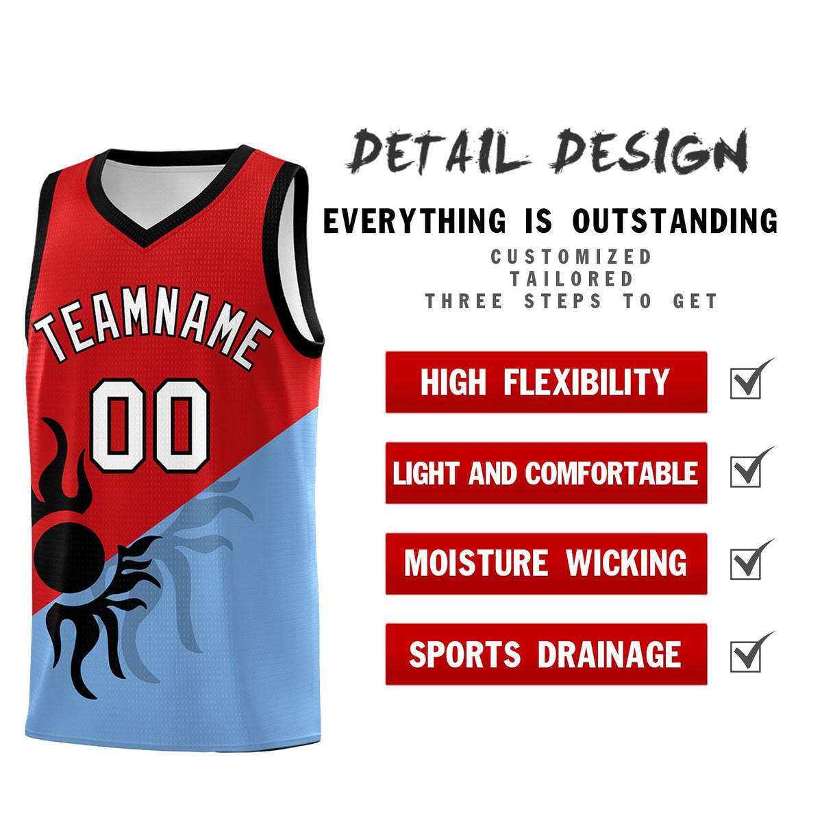 Custom Youth Basketball Jerseys - Red Powder Blue Radiant Sun Design Two Tone Uniforms