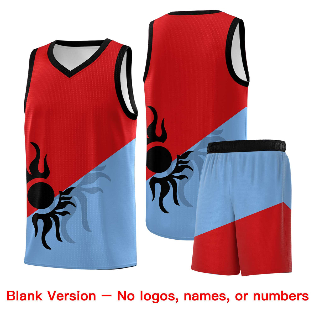 Custom Youth Basketball Jerseys - Red Powder Blue Radiant Sun Design Two Tone Uniforms