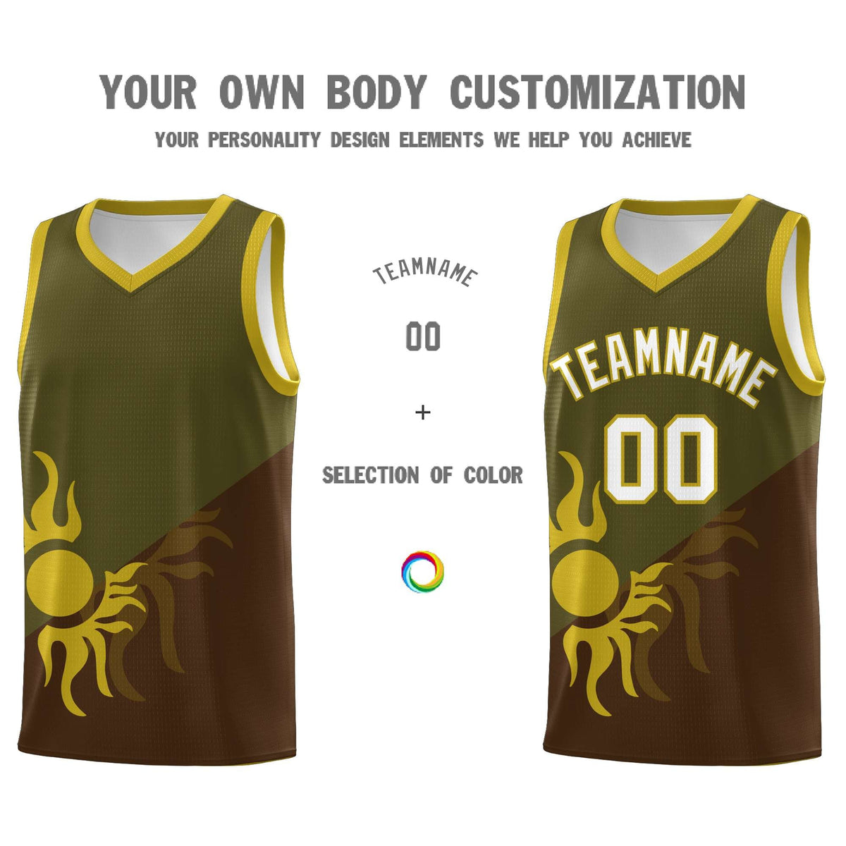 Custom Youth Basketball Jerseys - Brown Olive Radiant Sun Design Two Tone Uniforms