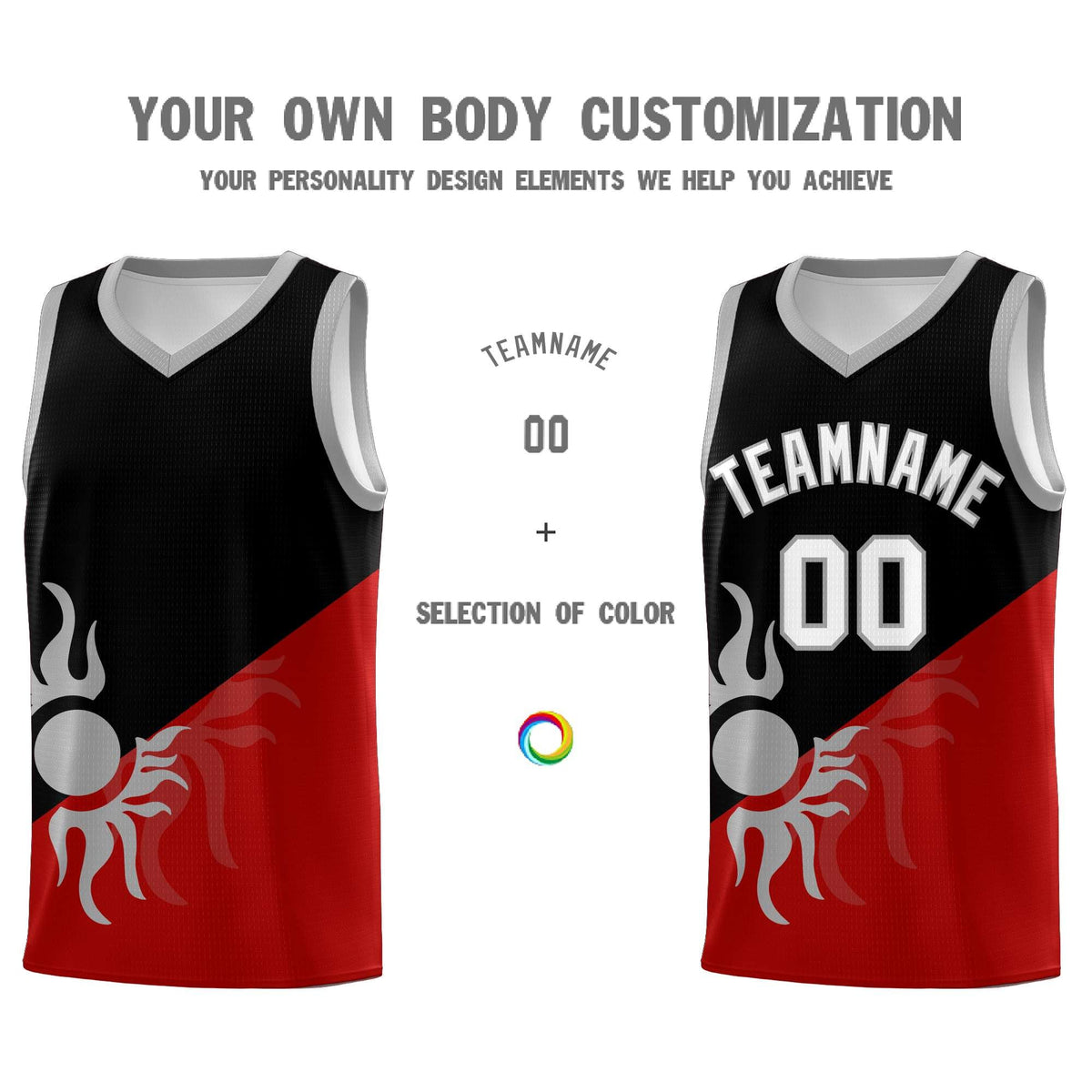 Custom Youth Basketball Jerseys - Black Red Sunburst Design Two Tone Uniforms