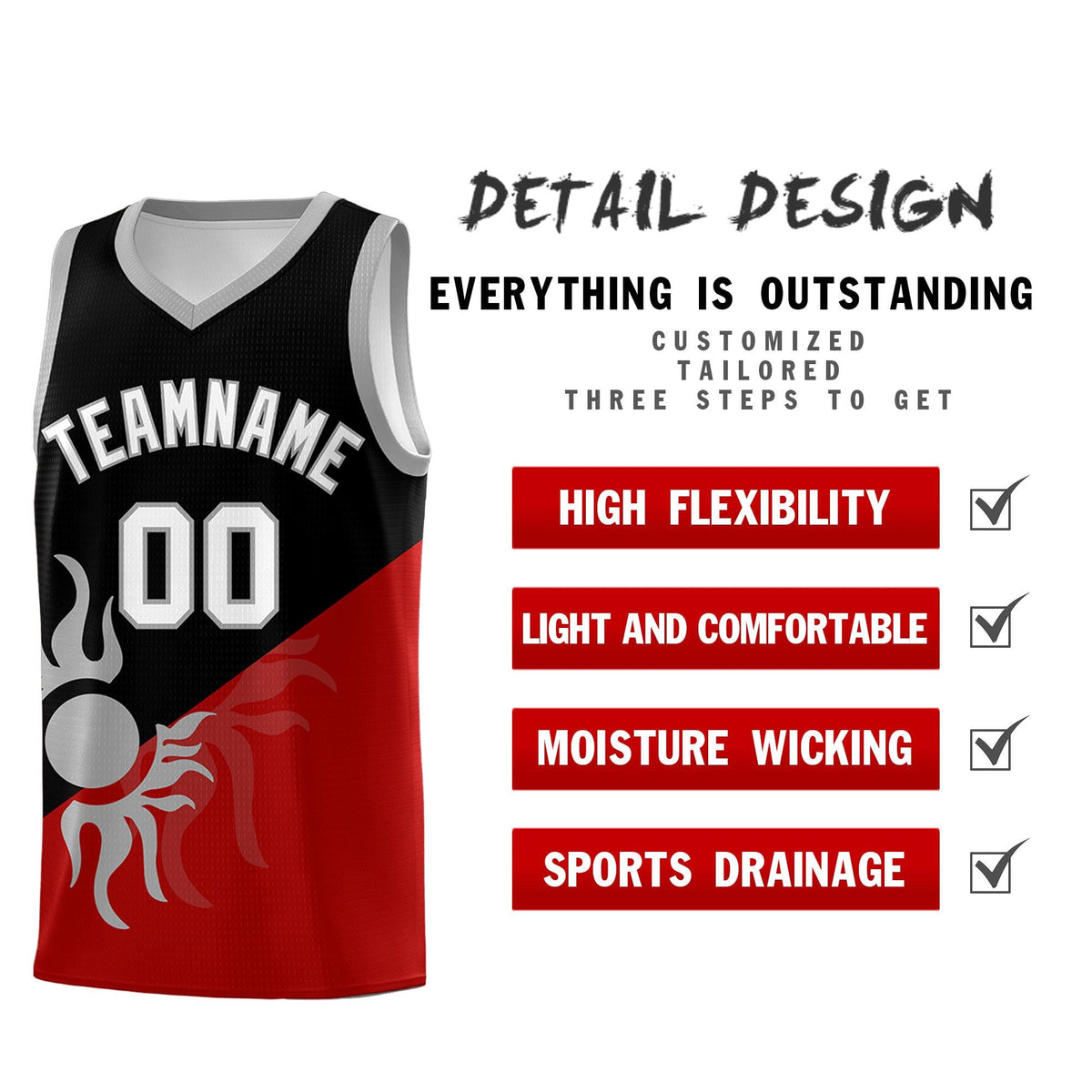 Custom Youth Basketball Jerseys - Black Red Sunburst Design Two Tone Uniforms
