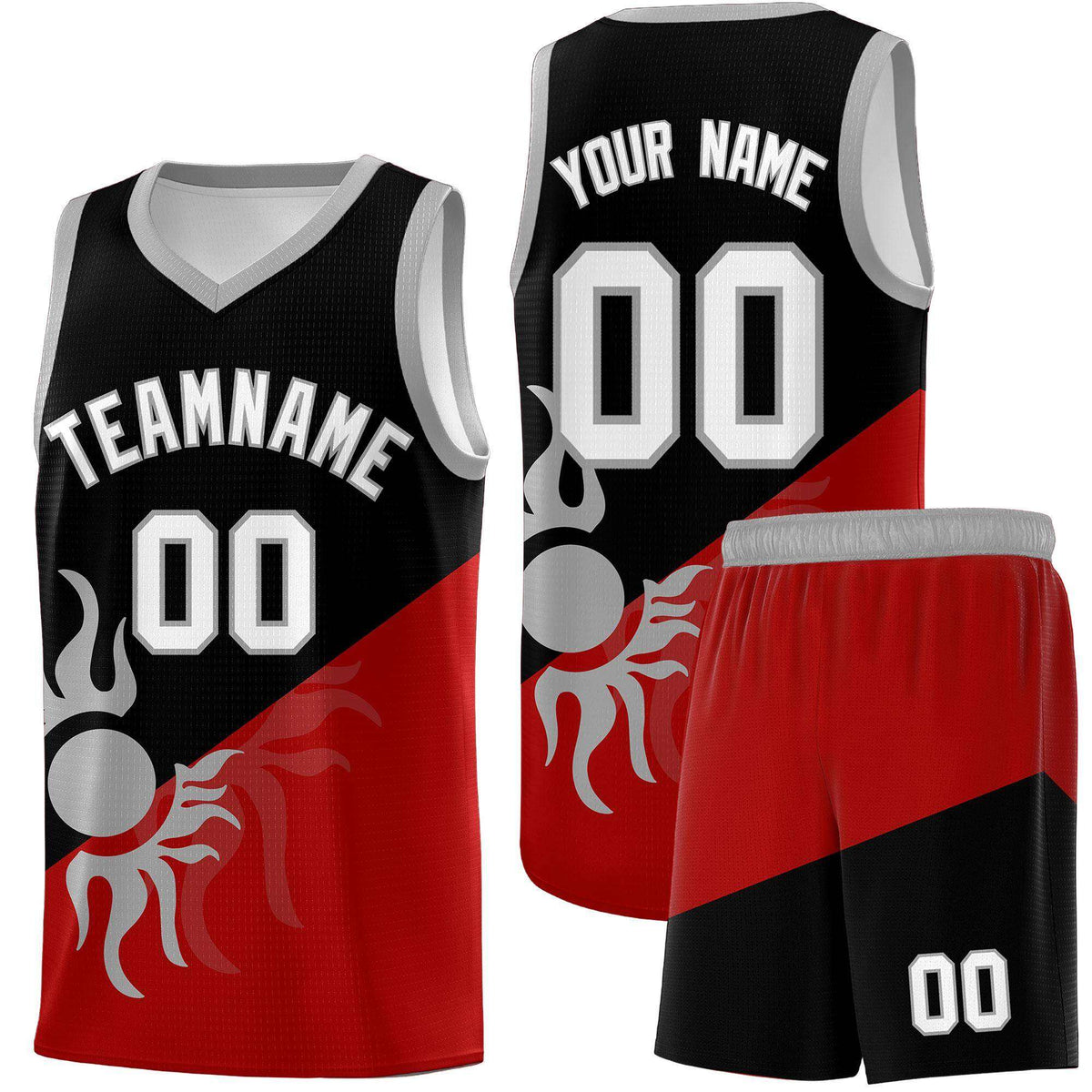 Custom Youth Basketball Jerseys - Black Red Sunburst Design Two Tone Uniforms
