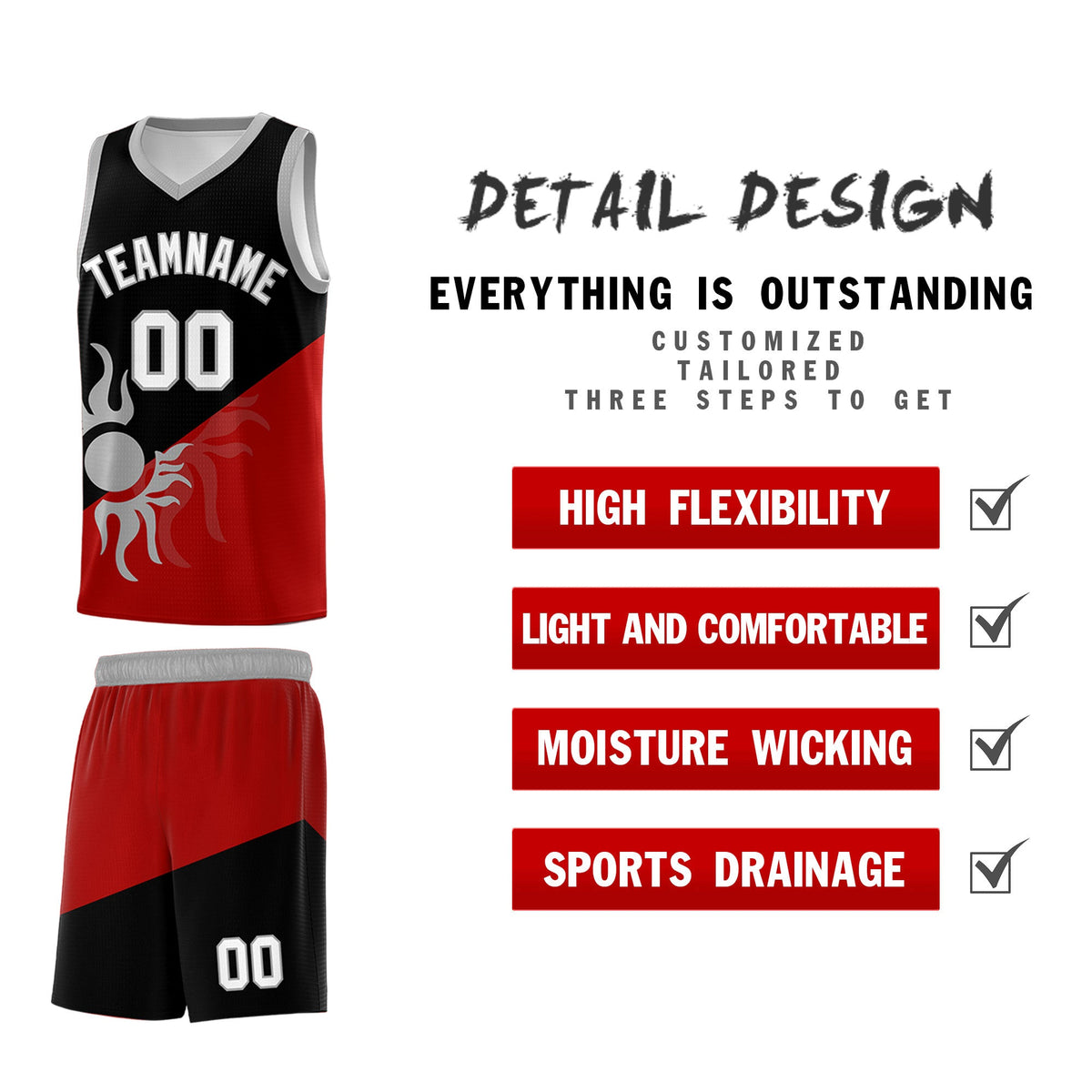 Custom Youth Basketball Jerseys - Black Red Sunburst Design Two Tone Uniforms