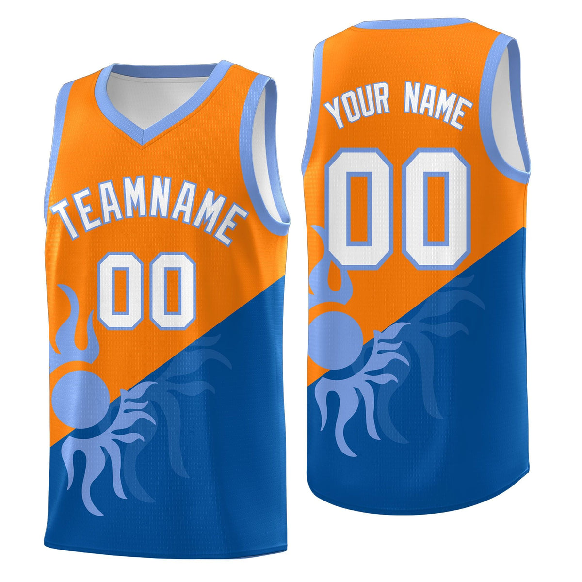 Custom Youth Basketball Jerseys - Royal Orange Sunburst Design Two Tone Uniforms