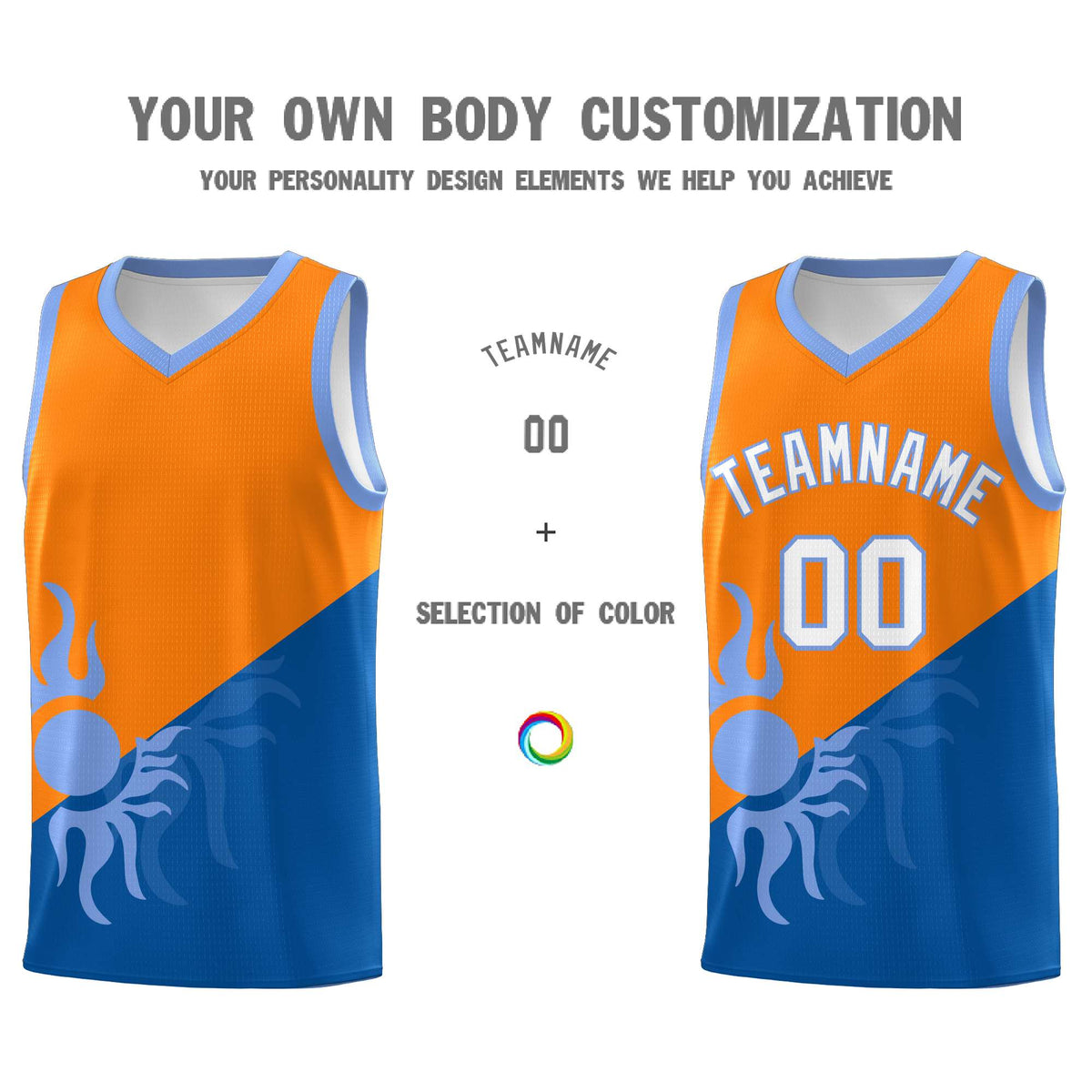 Custom Youth Basketball Jerseys - Royal Orange Sunburst Design Two Tone Uniforms
