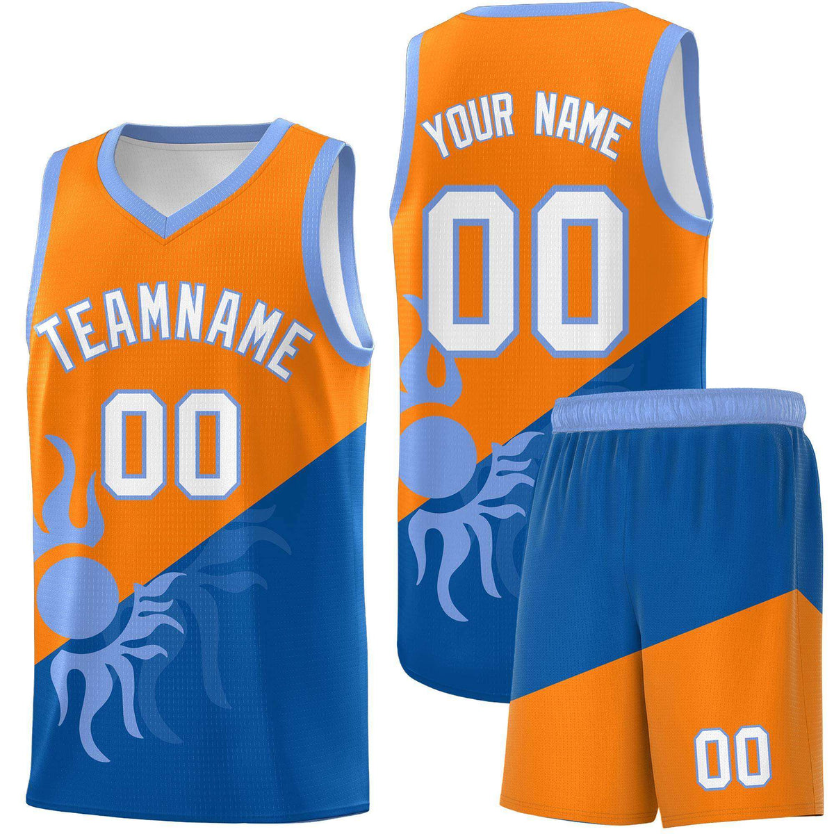 Custom Youth Basketball Jerseys - Royal Orange Sunburst Design Two Tone Uniforms