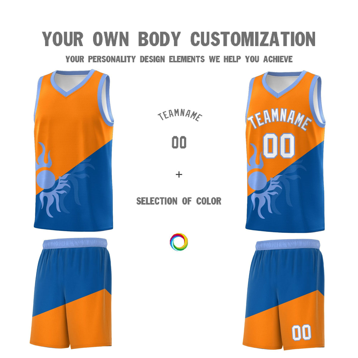 Custom Youth Basketball Jerseys - Royal Orange Sunburst Design Two Tone Uniforms