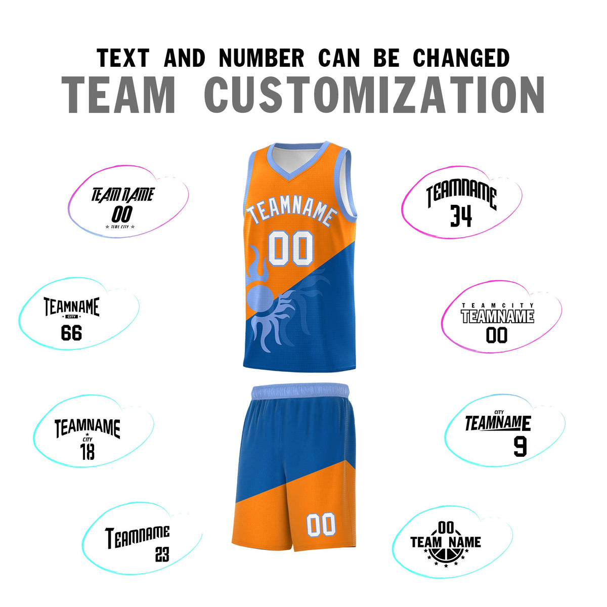 Custom Youth Basketball Jerseys - Royal Orange Sunburst Design Two Tone Uniforms