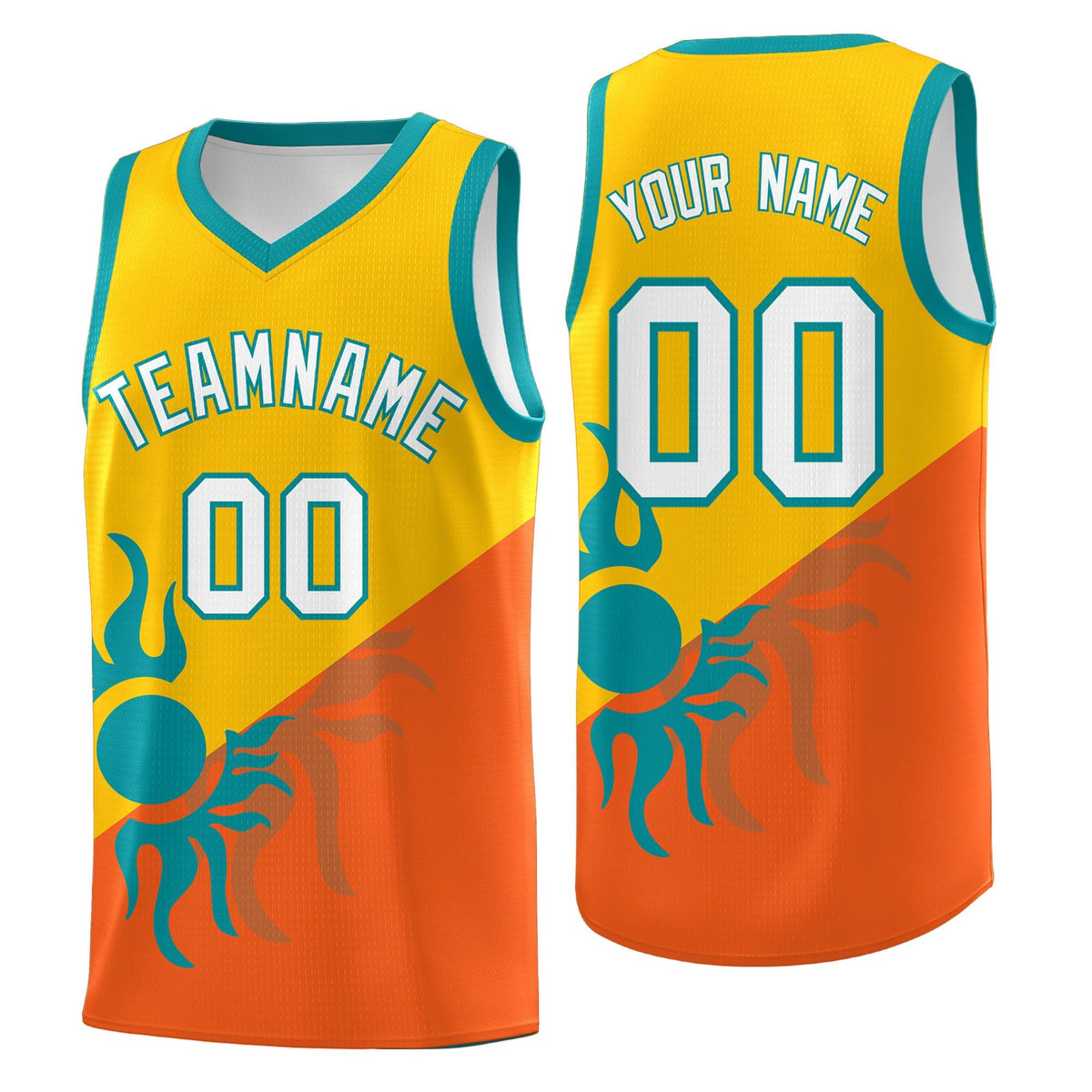 Custom Youth Basketball Jerseys - Yellow Orange Radiant Sun Design Two Tone Uniforms